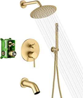 Amazon.com: brushed gold shower fixtures Gold Shower Fixtures, Brass Rain Shower, Rain Shower System, Bathroom Shower Faucets, Gold Shower, Dual Shower Heads, Shower Fixtures, Brass Shower, Shower Faucet Sets