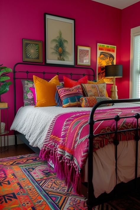 Unleash your creativity in this artistic grown woman bedroom. Bright fuchsia walls set a vibrant and energetic tone, complemented by an eclectic mix of art. A modern metal bed frame and colorful throw pillows add a playful and artistic touch to the space. Teenage Girl Bedroom Color Schemes, Girls Bedroom Color Schemes, Mexican Bedroom, Funky Bedroom, Bold Bedroom, Purple Bedrooms, Small Bedroom Ideas, Mexican Home Decor, Bright Rooms