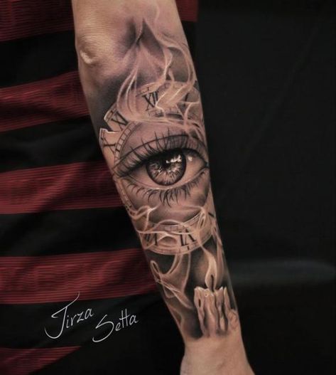 70 Smoke Tattoo Design Ideas with Meaning | Art and Design Eye Forearm Tattoo Men, Eye Clock Tattoo Design For Men, Eye In Clock Tattoo Design, မျက်လုံး Tattoo, Women Eye Tattoo Ideas, Eye Tattoo Ideas Women Sleeve, Eye Tattoo With Clock, Half Arm Sleeve Tattoo For Women Unique, Tattoos With Eyes In Them