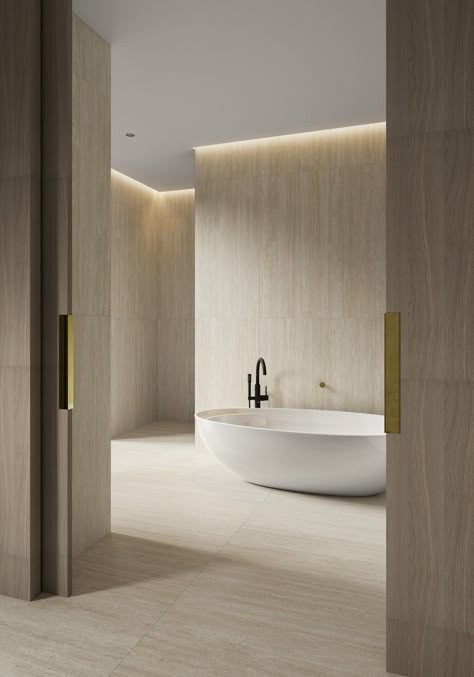 Our TRAVSTONE VEIN Series is inspired by the natural travertine stone, and features three beautiful colours with gentle organic veining. It is available in versatile sizes and is suitable for both commercial and residential use.⁠ Travertine Bathroom, Monochrome Interior, Interior Minimalista, Decor Baie, Contemporary Living Spaces, Bathroom Inspo, Bath Room, Cadiz, Villa Design