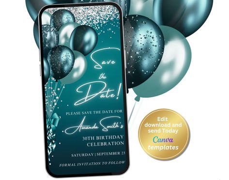 Digital Teal Save The Date Invitation, Phone Text Message Evite, Editable Template, Instant Download Phone Text Message, Glitter Balloons, Date Invitation, Party Details, Save The Date Invitations, 70th Birthday, Digital Invitations, Editable Template, Silver Glitter