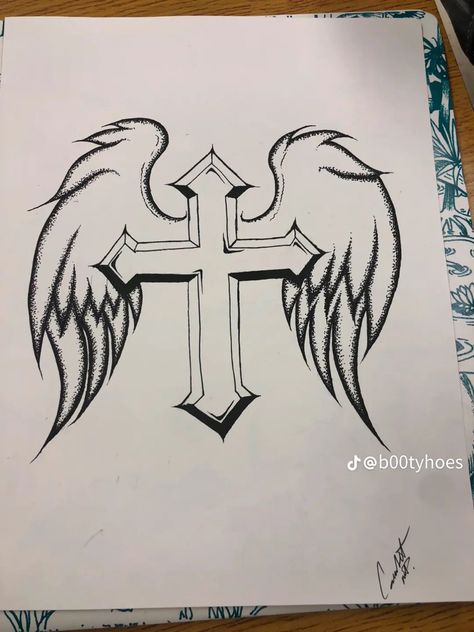 Cross With Wings Drawing, Cool Drawings With Meaning, Trace Pictures Drawing, Angel Drawings Easy, E Drawing, Easy Cool Drawing Ideas, Skulls To Draw, Chrome Hearts Drawing, How To Draw Cool Stuff