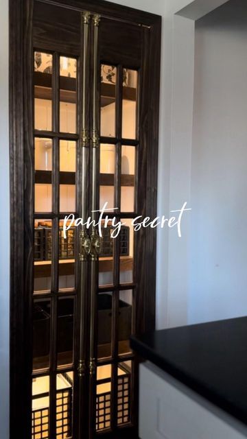 erika | diy + home decor on Instagram: "🚪BI-FOLD PANTRY DOOR🚪that looks like a double door! Here are the deets: I used an unfinished glass and wood premade bi-fold pantry door from @wayfair , stained it in @minwaxusa espresso oil based stain, and added two Cremone door bolts from @signaturehw to the center of the door. This gives the illusion of double doors that open from the middle, but the functionality of having a bi-fold door that doesn’t take up much space in a small passageway in my kitchen! What do you think? #pantry #pantryorganization #pantrygoals #kitcheninspo #kitcheninspiration #kitchenideas #kitchendecor #kitchenremodel #diyideas #diyinspiration #modernvictorian #vintagemodern #homediy #iconicshit" Laundry/pantry Door, Dark Wood Pantry Door, Interesting Kitchens, Shallow Pantry, Bi Fold Pantry Doors, Black French Doors, Dream Condo, Pantry Closet Design, Wooden Pantry