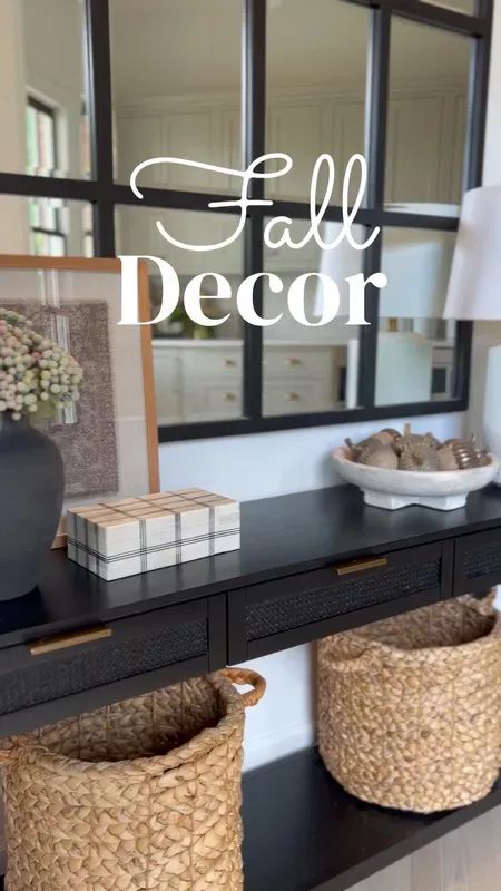 Fall home decor, fall decor ideas, fall home aesthetic, fall console table decor, black pot, table lamp, ceramic bowls, panel mirror Fall Console Table Decor Ideas, Fall Console Table Decor, Black Entry Table, Mirrors In Living Room Ideas, Fall Home Aesthetic, Fall Entry Table, Natural Wood Console Table, Black Sofa Table, Console Table Decor