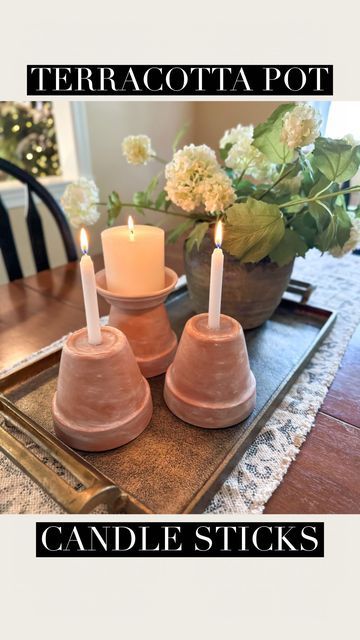 Tara Panasiuk on Instagram: "Terracotta pot candle sticks 🤗 So easy and affordable to make! Love giving my planter pots a weathered look like this.. I thought why not make candle holders out of them this time! 😍 What do you think?" Make Candle Holders, Christmas Terra Cotta Pot Ideas, Flower Pot Candle Holder, Terracotta Crafts, Teracotta Pots, Clay Pot Candle, Make Candle, Decorated Candles, Christmas Shop Window