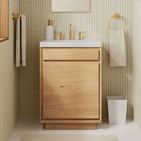 Bathroom Vanities | West Elm Diy Narrow Bathroom Vanity, Narrow Powder Room Design, West Elm Bathroom, Colony House, White Countertop, 30 Vanity, 36" Vanity, Oak Bathroom, Vanity Faucet