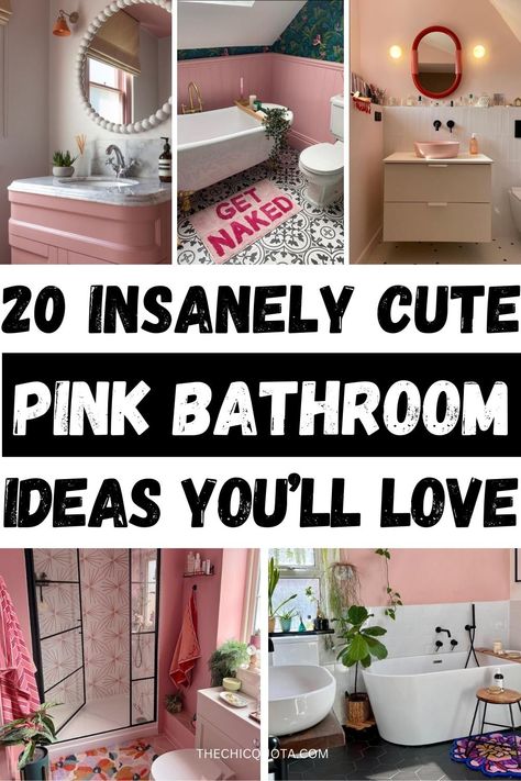 pink bathroom Pink White And Grey Bathroom, Pink Quartz Countertops Bathroom, Pink White And Gold Bathroom Ideas, Painted Pink Bathroom, Bathroom Decor Feminine, Pink Bathroom Black Fixtures, Girly Bathroom Inspiration, 70s Pink Bathroom Remodel, Pink And Olive Green Bathroom