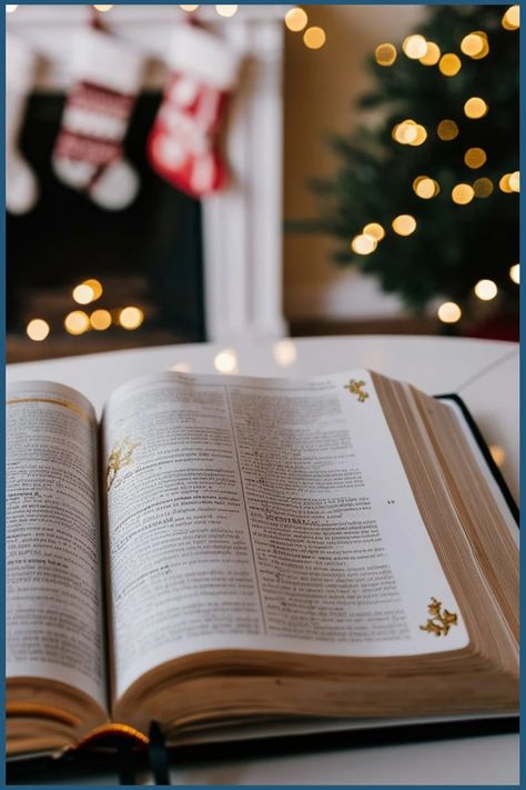 Open Bible on a table with a blurred Christmas tree and stockings in the background. Christian Christmas Aesthetic, Christmas Bible Quotes, Inspiring Bible Quotes, Uplifting Bible Quotes, Bible Christmas, Bible Decor, Christmas Bible Verse, Bible Photos, Christmas Verses