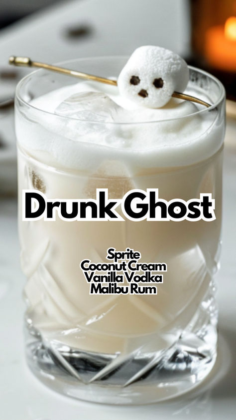 Drunk Ghost Cute Halloween Drinks Alcohol, Drunk Ghost Cocktail, Marshmallow Alcoholic Drink, Coconut Rum Halloween Drinks, Drinks To Make Alcoholic, Alcoholic Party Ideas, Milky Alcoholic Drinks, Butter Rum Drink, Good Alcoholic Drinks Easy