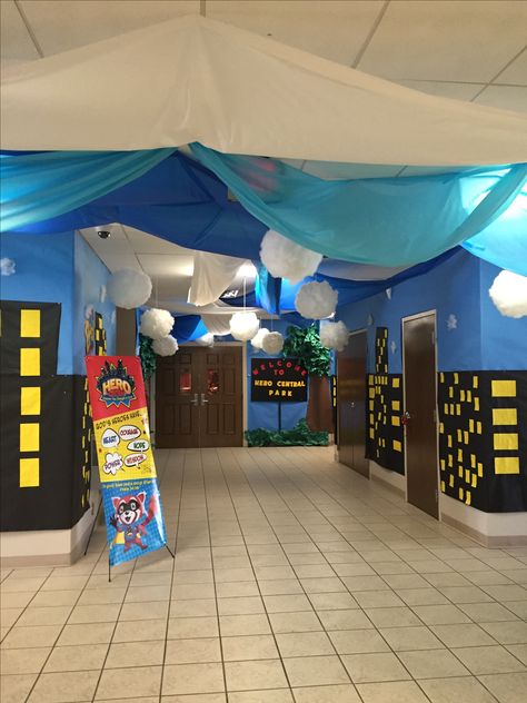 Superhero Vbs Crafts, Super Hero Vbs, Hero Vbs Decorations, Vbs Superhero Theme Decorations, Super Hero School Themes, Superhero Vbs Decorations, Superhero Ceiling Decor, Hero Hotline Vbs Decorations, Vbs Superhero Theme