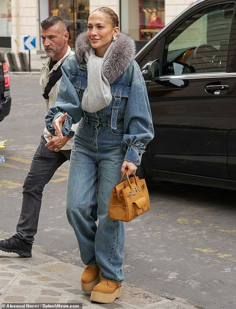 Jennifer Lopez brings the '90s back with a chic denim jumpsuit and further impresses with a pair of platform Timberland boots and a $40,000 Hermès Birkin handbag | Daily Mail Online Double Denim Looks, Dinner In Paris, Hermes Birkin Handbags, Birkin Handbags, Black Halter Dress, Windsor Dresses, Denim Chic, Double Denim, Denim Jumpsuit