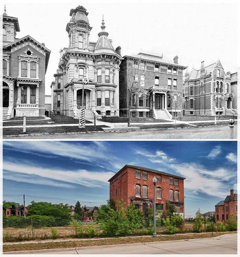 Abandoned Detroit street before and after. It's so sad to see all of those beautiful houses gone. Abandoned Mansion For Sale, Abandoned Detroit, Detroit History, Abandoned Mansions, Historical Images, Historic Preservation, Haunted Places, Architecture Old, Pure Michigan