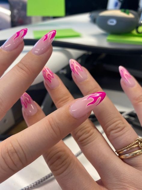 Pink Flame Nails Almond, Flame Tip Nails Almond, Fire Pink Nails, Hot Pink Nails Flames, Pink Fire Nails Designs, Neon Pink Flame Nails, Pink Flame Nails Acrylic, Nail Designs With Flames, Monochromatic Pink Nails