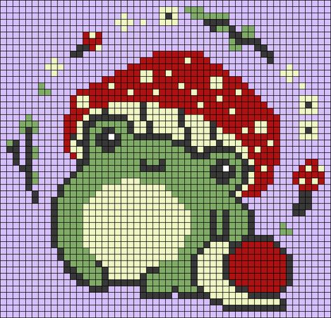 Alpha Patterns Crochet Mushroom, Mushroom Frog Perler Beads, Crochet Grid Patterns Mushroom, Pixel Art Pattern Frog, Frog Cross Stitch Pattern Free, Mushroom Pixel Art Grid, Cross Stitch Crochet Pattern, Frog Pixel Art Grid, Frog Tapestry Crochet