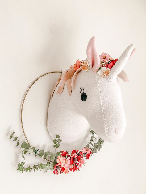 Unicorn wall mount with flower wreath @joyefuljourney on Instagram Flower Unicorn, Classy Unicorn Bedroom, Dinosaur Head Wall Mount, Unicorn Wall Decor Girl Rooms, Unicorn Head Wall Mount, Unicorn Wall, Flower Wreath, Hoop Wreath, Wall Mount