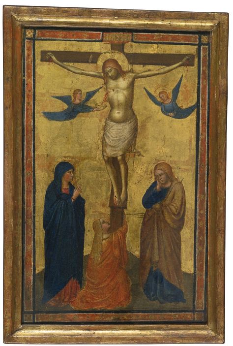 ATTRIBUTED TO THE MASTER OF THE ASHMOLEAN PREDELLA ACTIVE IN FLORENCE CIRCA 1360 - 1390 "THE CRUCIFIXION WITH THE MADONNA, MARY MAGDALENE, SAINT JOHN THE EVANGELIST AND TWO ANGELS" tempera on velum laid down on panel, gold ground 12 5/8  by 7 7/8  in.; 32 by 20.2 cm. Sotheby's Fresco Art, St John The Evangelist, Anthony Van Dyck, Fra Angelico, Van Eyck, Jan Van Eyck, John The Evangelist, Mary Magdalene, Art Ancien