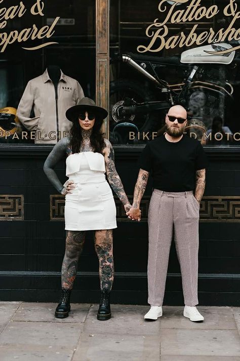 Alternative Elopement Dress, Rock And Roll Engagement Photos, Tattoo Engagement Photos, Punk Engagement Photos, Alternative Couple Photoshoot, Goth Engagement Photos, Alternative Groom Attire, Alternative Engagement Photos, Alternative Groom