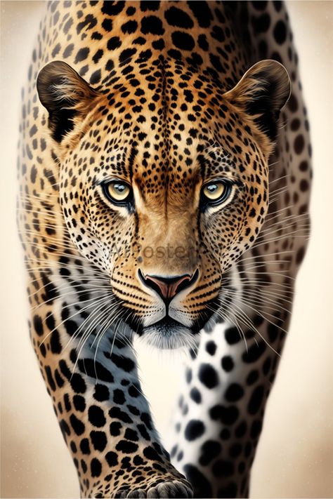 This is an original artwork by me featuring a leopard stalking the viewer! Created in high definition (4096 x 6144 pixels) against a light background. Ideal as a poster or wall art on canvas in a study or office. You are buying the file download, not a physical print. There are many online printing services that can turn it into a poster for you, framed or unframed on print on canvas. It's been optimized for printing up to 51x 76 inches. I hope you enjoy it. The watermark text is removed when you buy the download. The copyright remains mine but you are free to use the image for personal use. No permission is granted to re-sell the download file. African Leopard, African Cats, Animal Photography Wildlife, Leopard Art, Cat Obsession, Big Cats Art, Animal Magic, Winter Animals, Cute Wild Animals