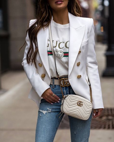 White Wool Balmain Blazer (black on sale here & viscose version on sale here, wearing an FR34 – better for budget here) White Gucci Belt (wearing a 75 – read my ‘Gucci Belt Sizing Guide’ HERE) Gucci Logo Tee (wearing an XXS) Levi’s White Denim (wearing a 24 – size up) Gucci Marmont White Bag … Blazers Outfits, Spring Wishlist, Military Jacket Women, Edgy Outfit, Jean Outfit, Spring Blazer, Balmain Blazer, Mia Mia, Suit Jackets For Women