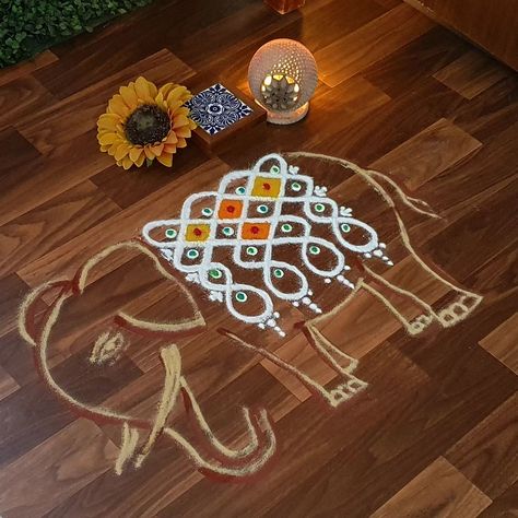 Elephant Rangoli Design, Ganesha Kolam, Elephant Rangoli, Easy Rangoli Designs Videos, Rangoli Designs Photos, Rangoli Designs Simple Diwali, Rangoli Side Designs, Rangoli Designs Latest, Simple Rangoli Designs Images