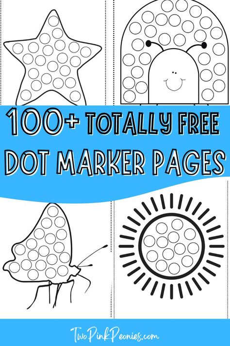 text that says 100+ totally free dot marker pages below and above are images of mock ups of the pages Preschool Bingo Dabber Art, Bingo Dabber Crafts, Montessori, Dot Sticker Activity Sheets, Free Dabber Worksheets, Bingo Marker Printables Free, Polka Dot Activities, Dot Day Printables, Dot Art For Preschoolers