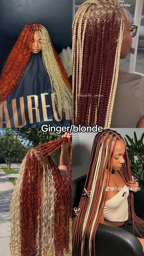 Braids For The Fall Black Women, Hair Color Braids Ideas, Cute Colored Braids For Black Women, Braided Ginger Hairstyles, Colored Braids With Curls, Two Tone Goddess Braids, Knotless Braids Fall Colors, Copper And Blonde Box Braids, Blonde Hair Color Ideas Braids