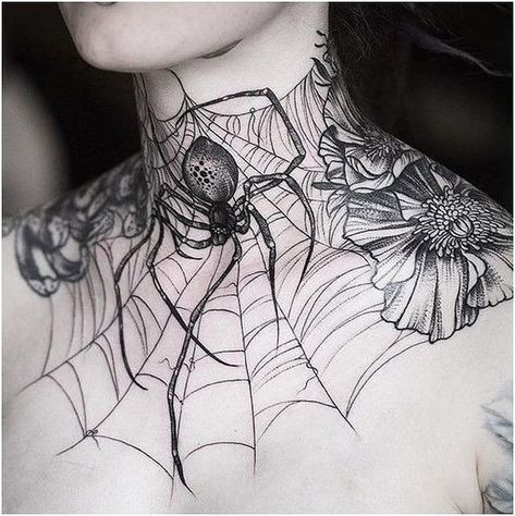 Fine lined spider and spider web on the neck and collarbone | www.otziapp.com Spiderweb Tattoo, Tattoos Feminine, Arabic Tattoos, Tattoo On Neck, Gotik Tattoo, Bodysuit Tattoos, Tattoos Dragon, Tattooed Models, Tattoos Back