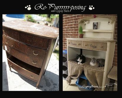 This dresser came into us and I thought - ohhhhhh lord .. what am I to do with this? I won't lie. It sat here for quite some time. The previous owner had duct taped over parts of the drawer fronts that were cracked and falling apart. That's how bad it is. The top area was created from one of the drawers and the inner shelf came from the piece of divider wood separating the drawers. 100% re-purposed and re- used! And the cats think it's just Purrrrfect! Repurposed Dresser, Bored Dog, Outdoor Cat House, Food Dog, Cat Condo, Old Dressers, Outdoor Cats, Feral Cats, Animal Projects