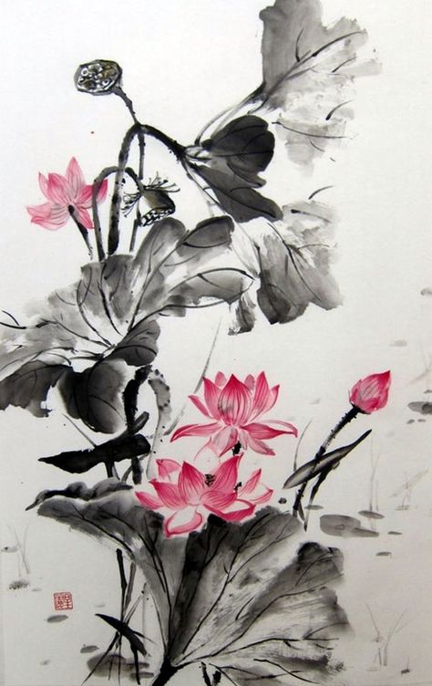 40 Peaceful Lotus Flower Painting Ideas Lotus Flower Painting, Japanese Ink Painting, Lotus Painting, Japanese Watercolor, Lotus Art, Art Asiatique, Tinta China, Chinese Ink, Desenho Tattoo