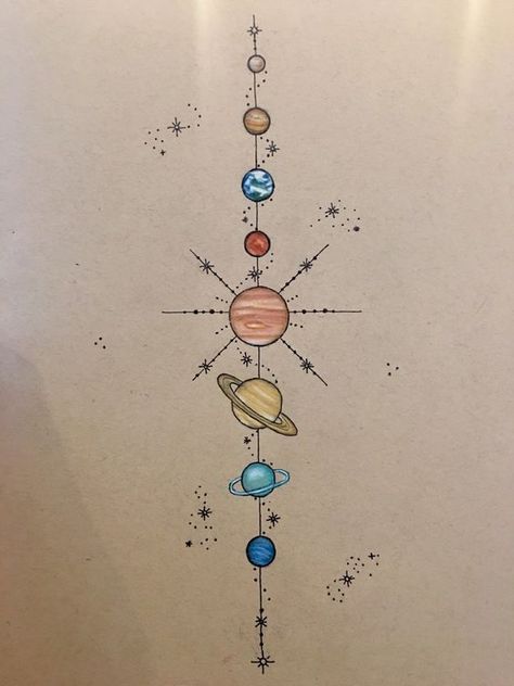 Planet Tattoo, Spinal Tattoo, Solar System Tattoo, Planet Tattoos, Galaxy Tattoo, Space Drawings, Seni Vintage, Spine Tattoo, Seni Origami