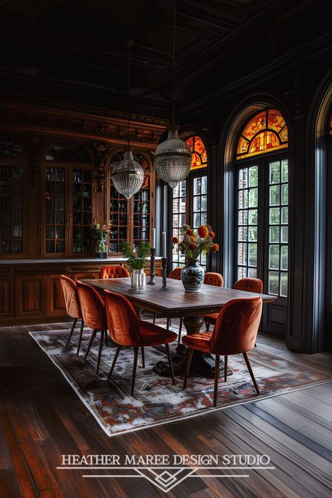 This stunning dining room exudes warmth and elegance with its rich, dark wood tones and vibrant orange velvet chairs. The intricate stained glass windows cast a beautiful light into the room, highlighting the crystal chandeliers and the carefully arranged floral centerpiece | Retro Aesthetic | Eclectic Decor | Room Inspo | Moody Aesthetic | Dark Academia | Home Decor | Vintage Aesthetic | dark home decor Light Academia Dining Room, Dark And Moody Dining Room, Dark Academia Dining Room, Dining Room Floating Shelves, Modern Luxury Dining Room, Dining Room Table Farmhouse, Dining Room Centerpiece Ideas, Dining Room Ceiling Design, Farmhouse Kitchen Coffee Bar