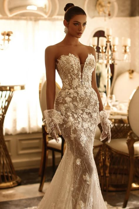 Wedding Dresses Boujee, Fitted Glam Wedding Dress, Wedding Dresses Train Long, Lace Nude Wedding Dress, Sexiest Wedding Dresses Ever, Elegant Wedding Dress Mermaid Sophisticated Bride, Wedding Dresses Expensive, Wedding Dress Extravagant, Mermaid Wedding Dress Strapless