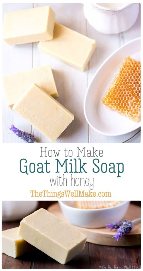 Gentle on the skin, and with a nice, creamy lather, this goat milk soap with honey is one of my favorites. Learn the techniques of making soap with both milk and honey with this recipe. #thethingswellmake #miy #soap #goatmilk #honey #fromscratch #soapmaking #soaprecipes #goatmilksoap #honeysoap Goat Products, Honey Soap Recipe, Goat Milk Soap Recipe, Nontoxic Living, Milk Soap Recipe, Homemade Goat Milk Soap, Goat Soap, Nice Skin, Goat Milk Recipes