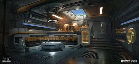 Stinger Mantis Interior Lounge Art from Star Wars Jedi: Fallen Order #art #artwork #gaming #videogames #gamer #gameart #conceptart #illustration #starwars #starwarsjedifallenorder Scifi Hallway, Spaceship Bedroom, Nostromo Alien, Sci Fi Room, Space Environment, Scifi Horror, Interior Concept Art, Movies Cartoon, Gaming Environment