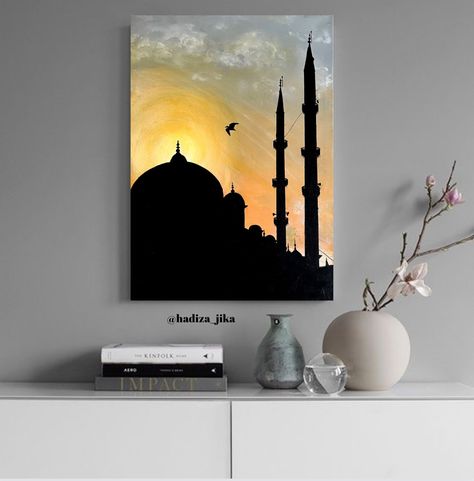 Acrylic Painting Calligraphy, Islamic Art On Canvas, Islamic Sketches Art, Masjid Painting Islamic Art, Painting Ideas On Canvas Islamic, Islam Canvas Painting, Ramadan Acrylic Painting, Calligraphy Islamic Art Paintings, Islamic Art Canvas Paintings