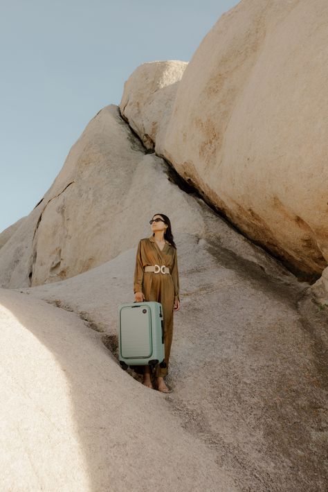 Desert dreams in Sage Green. Discover the limited edition colourway, available now. #Monos #JourneyOn Suitcase Photoshoot, Suitcase Photography, Clothes Photoshoot, Green Clothes, Desert Dream, Green Outfit, Outdoor Photography, The Desert, The Limited