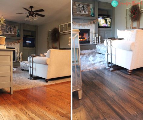 Orange Wood Floor, Gray Hardwood Floors, Dark Floor Living Room, Living Room Decor Orange, Grey Hardwood Floors, Jennifer Allwood, House Transformation, Grey Hardwood, Installing Hardwood Floors