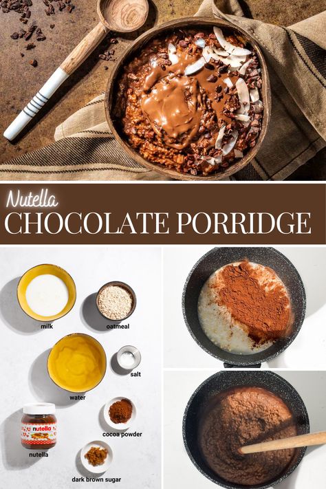 Chocolate porridge in a bowl, topped with Nutella. Easy Porridge Recipes, Recipe With Nutella, Quick Egg Recipes, Morning Porridge, Banana Porridge, Chocolate Porridge, Sliced Banana, Porridge Recipes, Nutella Recipes