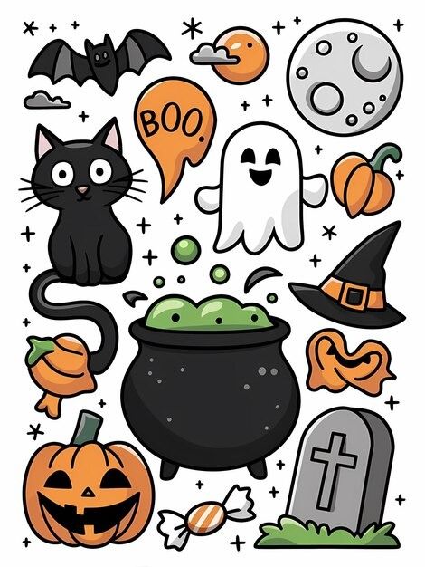 Walidberchid23 Author Portfolio | Freepik Halloween Ideas Drawings, Halloween Doodle Ideas, Doodle Art Halloween, Cool Halloween Drawings, Printable Halloween Images, October Clipart, Halloween Draw, Dibujos Halloween, Cute Halloween Drawings