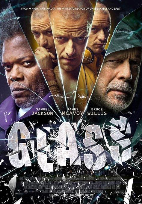 Glass (2019) [537 x 767] James Mcavoy, Glass Movie, Tam Film, Edward Norton, Kevin Costner, Poster Minimalist, Movies 2019, Martin Scorsese, Bruce Willis