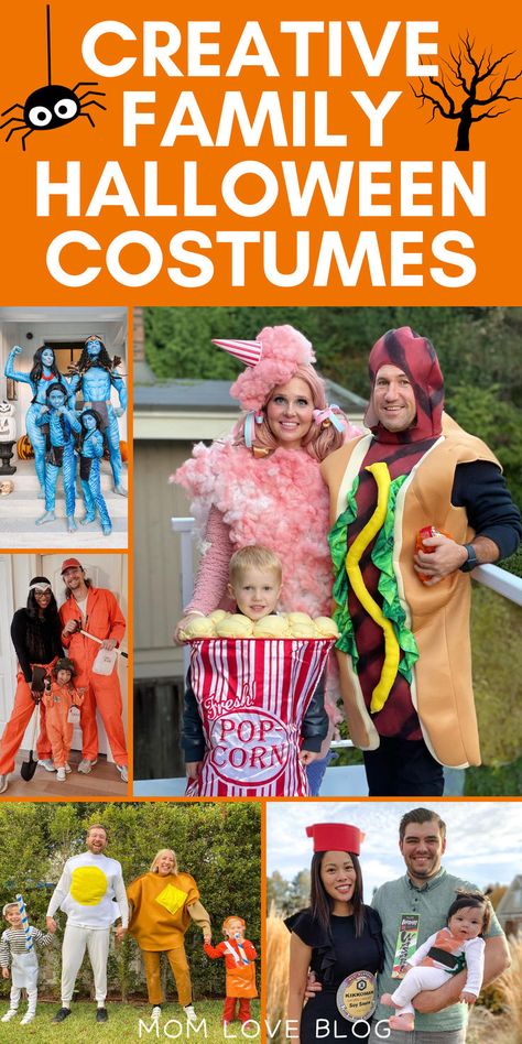 Collage of the most creative and unique family Halloween costumes. Family Group Costume Ideas, Family Halloween Costumes Unique, Halloween Costumes With 4 People, Unique Family Costumes For Four, Halloween Costumes For A Family Of Four, Unique Family Costume Ideas, Cool Family Halloween Costumes, Family Costume With Toddler, Unique Family Halloween Costumes For 4