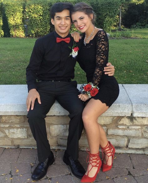 Black And Red Hoco Couple, Black And Red Hoco, Homecoming Couple Outfits, Red And Black Hoco Couples, Red Homecoming Couple, Homecoming Colors For Couples, Hoco Boys Outfits, Hoco Outfit Ideas For Guys, Homecoming Couple Pictures