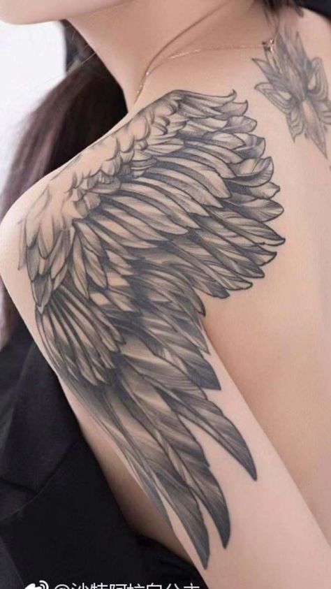 Angel Wing On Back Tattoo, Wing Tattoo Shoulder Women, Wings On Shoulder Tattoo, Shoulder Angel Wing Tattoo, Bird Wing Tattoo Back, Female Wing Tattoos, Wing On Shoulder Tattoo, Wing Tattoo Shoulder, Angel Wings Tattoo On Neck