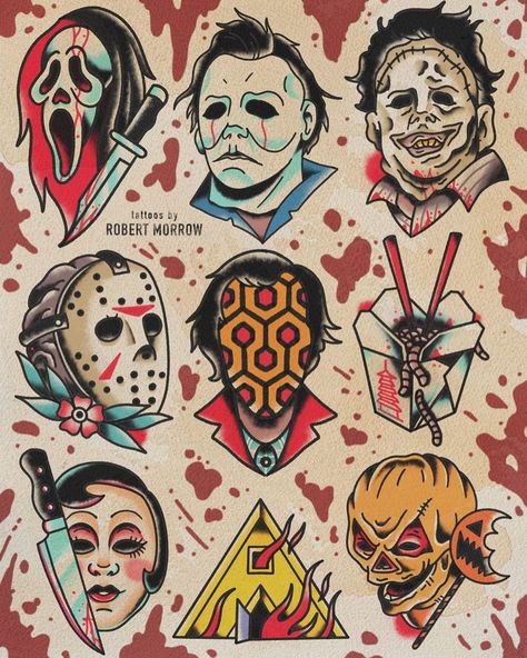 Robert Morrow on Instagram: “So I’ll be running a Halloween Flash Special this Saturday @gallery4twelve . I’d like to tattoo as many of these designs as possible. $150…” Traditional Tattoo Flash Sheet, Halloween Tattoo Flash, Tato Flash, Traditional Tattoo Flash Sheets, Horror Movie Tattoos, Movie Tattoo, Movie Tattoos, Theme Tattoo, Tattoo Flash Sheet