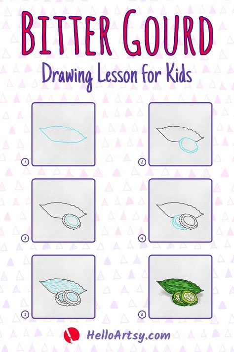 Step by step drawings illustrating how to draw a Bitter Gourd Drawing Bitter Gourd Drawing, Gourd Drawing, Vegetable Drawings, Draw Food, Vegetable Drawing, Doodle Art For Beginners, Drawing Lessons For Kids, Bitter Gourd, Drawing Lesson