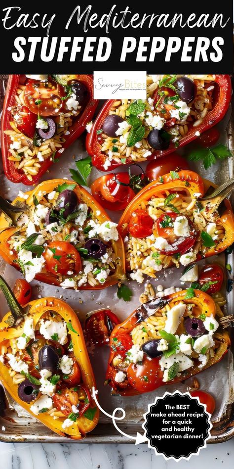 Whip up a taste of the Mediterranean with our stuffed bell peppers, filled with lemony Greek-style rice, bright juicy tomatoes, and fresh herbs. Topped with a generous sprinkle of cheese, this dish is full of incredible flavors and colors, making it the ultimate easy and healthy family dinner! This cheap and easy recipe uses all ingredients from Aldi. Healthy Recipes With Bell Peppers, Stuff Bell Peppers Recipe Healthy, Greek Style Recipes, Stuffed Peppers Greek Style, Mediterranean Diet Stuffed Peppers, Mediterranean Veg Recipes, Vegetarian Recipes With Cheese, Easy Dinners With Few Ingredients, The Mediterranean Dish Recipes