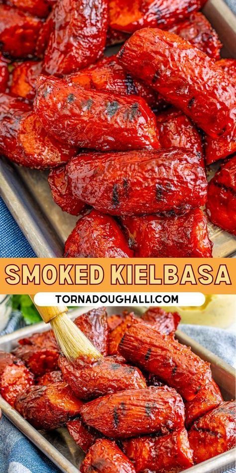 This smoked kielbasa recipe from Tornadough Alli starts on the smoker for an hour and is bursting with flavor before it gets slathered in BBQ sauce and charred on the grill. This kielbasa makes the perfect dinner main dish or appetizer for all your summer gatherings. Smoked Kielbasa, Kielbasa Recipe, On The Smoker, Party Side Dishes, Sweet Bbq Sauce, Bbq Recipes Grill, Kielbasa Recipes, Smoked Meat Recipes, Perfect Dinner