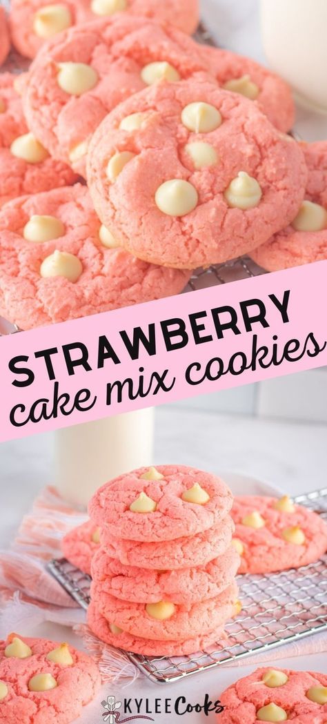 Strawberry Cake Cookies Recipe, Cookie Recipes Strawberry, Strawberry Cookies From Cake Mix Recipes, Strawberry Cake Cookies, Strawberry Cake Mix Cookies, Cake Box Cookies, Box Cookies, Baking Treats, Strawberry Cake Mix