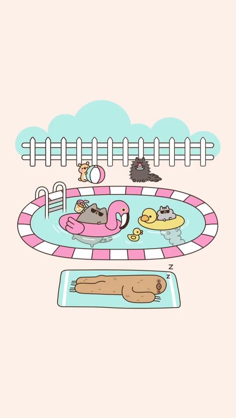 #pusheen #pusheencat #pool #poolside #summer #fun #pip #stormy #floaties #relaxation #sleepy #cute #friends #phone #iphone #lockscreen #background #wallpaper #wallpaperiphone #sloth Cat Pool Party, Pusheen Pictures, Pusheen Stormy, Pusheen Love, Iphone X Wallpaper, X Wallpaper, Pusheen Cute, Simons Cat, Wall Paper Phone