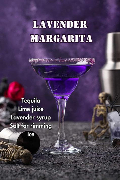 A Lavender Margarita served in a glass with a salted rim, garnished with a lavender sprig and lime wedge. Unique Margarita Recipes, Lavender Margarita, Lavender Cocktails, Grapefruit Martini, Lavender Cocktail, Traditional Margarita, Tequila Margarita, Lavender Syrup, Light Appetizers